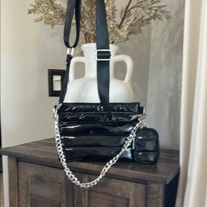 Patent Quilted Black Crossbody Bag with Silver Chain